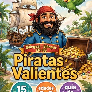 May include: A book cover titled Piratas Valientes featuring a pirate with a red bandana, a green parrot, a wooden ship, and a treasure chest filled with gold coins. The text includes Bilingual Bilingüe EN-ES, 15 páginas, edades 2-8, and guía de color.
