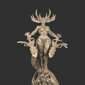 May include: A detailed, gray, 3D printed figurine of a demon queen standing on a base of skulls. She is wearing armor and holding two swords. The figurine is titled "DEMON QUEEN V1".