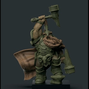 Puede incluir: Figura en miniatura detallada de un Señor Enano verde, sosteniendo un gran martillo. La figura tiene una larga barba trenzada y lleva una armadura. El texto "SCALE 30MM" y "DWARF LORD" son visibles.