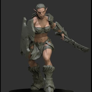 May include: A green-skinned female Orc warrior miniature figure holding a sword and shield. The figure is 38 mm tall and is standing on a black base. The figure is painted in a muted green and brown color scheme.  "ORC FEMALE WARRIOR 03" is printed on the base.