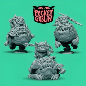 May include: Three gray 3D printed figurines of goblins riding bulldog-like creatures. The goblins are wearing clothes and have different expressions. The text "Pocket Goblin" is in the background.