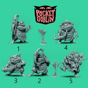 May include: Five gray plastic figurines of goblins holding bows and arrows. The goblins are wearing armor and have a fierce expression on their faces. The figurines are numbered 1 through 5. The text "Pocket Goblin" is displayed in a red and white logo at the top of the image.