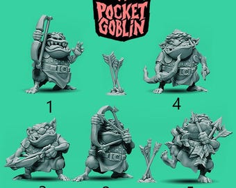 May include: Five gray plastic figurines of goblins holding bows and arrows. The goblins are wearing armor and have a fierce expression on their faces. The figurines are numbered 1 through 5. The text "Pocket Goblin" is displayed in a red and white logo at the top of the image.