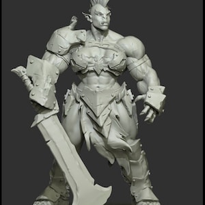 May include: A gray, detailed miniature figurine of an Orc female boss, holding a large sword. The figurine is 60 mm tall and is made for a 30 mm scale tabletop game.