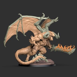 May include: A detailed 3D printed model of a great demon with wings, horns, and a flaming sword. The model is painted in shades of brown and green.