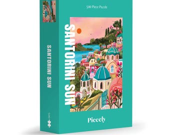 May include: A 500 piece jigsaw puzzle featuring a colorful illustration of Santorini, Greece. The puzzle box has a turquoise background with the words "Santorini Sun" in white text. The puzzle is made by Pieceely.