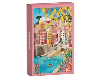 May include: A colorful illustration of a seaside town with buildings painted in shades of pink, yellow, red, and blue. The town is nestled on a hillside with a small harbor in the foreground. The harbor is filled with boats and people swimming. The image is framed by a pink border with the word "ROMAGGIORE" printed vertically on the left side.
