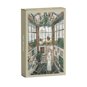 May include: A watercolor painting of a woman in a white dress and hat standing in an art gallery. The gallery has large windows with a view of a city skyline. There are paintings on the walls and a staircase in the background.