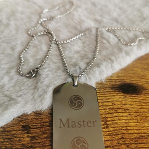 May include: A silver-colored dog tag pendant necklace. The tag has the word "Master" engraved in the center, with a symbol above and below. The necklace chain is also silver-colored.