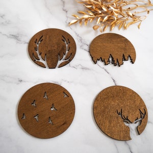 Hunting themed wooden glass coasters (set of 4) deer, hunter, forest, antlers