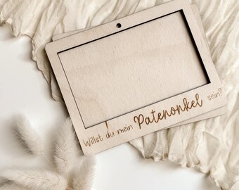 Personalized wooden frame for the sponsorship question – “Will you be my godmother/godfather?” – Wooden photo holder