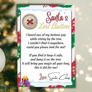 以下が含まれることがあります： 赤、緑、白のカードに赤いボタンと「サンタの紛失したボタン」というテキストが書かれています。カードには、ボタンを見つけて木に吊るすようにというメッセージが書かれています。カードには「愛を込めて、サンタクロース」と署名されています。