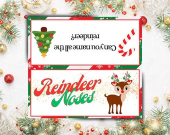 Könnte beinhalten: Zwei rechteckige Weihnachtskarten mit roten und grünen Rändern. Eine Karte zeigt einen grünen Weihnachtsbaum und den Text "Can you name all the reindeer?" Die andere Karte sagt "Reindeer Noses" mit einem Cartoon-Rentier.