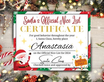 Pode incluir: Um certificado de Natal festivo com uma borda vermelha, verde e branca. O certificado diz "Santa's Official Nice List Certificate" e é personalizado para "Anastasia" para 2024, assinado pelo Papai Noel.