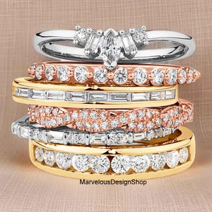 Multi Shape 5-Stone Curved Band, Baguette Channel Set Diamond Half Eternity Band, 10K Gold Matching Band, Amazing Rope Design Round Cut Band