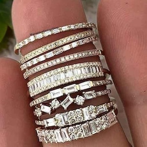 Demi-alliance diamants ronds et moissanite baguette, Alliance, Alliance assortie pour parure nuptiale, Bague pour femme, Alliance cadeau d&#39;anniversaire