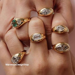 Gypsy Horizontal Brown Marquise Moissanite Ring, Pear Chunky Ring, Green Emerald Birthstone & Heart Flush Three Stone Ring, Oval Dome Ring