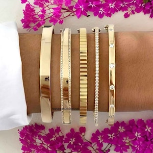 3.50 mm Round Cut Moissanite Flush Set Bangle, 4 mm Wide Geometric Wide Bangle, Two Side Pave Edges Bangle, 6 mm Wide Plain 14k Gold Bangle