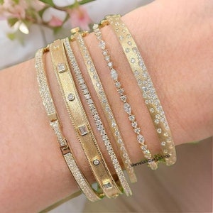 Flush Set Diamond Round Cut Moissanite Bangle, Marquise & Round Cut Diamond Bracelet, Flush Bezel Set Baguette Diamond Satin Finish Bangle