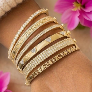 Two Side Pave Edge With Icon Design Half Eternity Bangle, Baguette & Round Cut Moissanite Diamond Bezel Set Bangle, 14k Yellow Gold Bangle