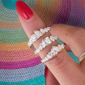 Mix Form Diamant Hälfte Eternity Band, Marquise, Smaragd, Birne & Moissanit Diamant Band im Rundschliff, 14k Gelbgold Diamant Band