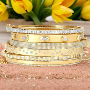 3.5X2mm Baguette Cut Bangle, Two Side Pave Edge Wide Bangle, Five Line Round Cut Moissanite Bangle, Scattered Diamond Half Eternity Bangle