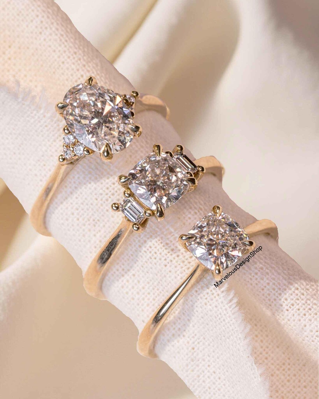 2 CT Cushion Cut Moissanite Solitaire Ring, Oval Cut Diamond Trefoil ...
