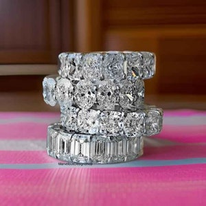 4 mm Cushion Cut Band, Oval Cut Moissanite Diamond Band, Radiant Cut Full Eternity Wedding Band, 14k White Gold Emerald Cut Pave Band