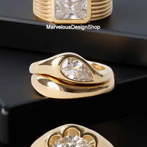 9X7mm Radiant Cut Horizontal Moissanite Sleek Bezel Setting Ridged Band, Oval Cut Petal Bezel Set Chunky Band, Flush Set Tear Drop Ring Set