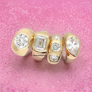 Gypsy Wide Band Ring, Flush Set Three Stone Round Moissanite Diamond Ring, East To West Emerald Cut Diamond Ring For Men, Pear Chunky Ring