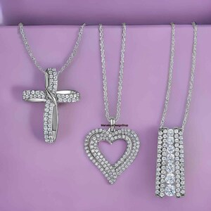 1.60 mm Round Cut Moissanite Religious Cross Pendant, 18K White Gold Only Pendant, Five Row Pave Set Diamond Pendant, Heart Shape Pendant