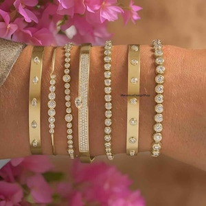 Tennis Round Cut Bezel Set Bracelet, 5X3mm Pear Cut Moissanite Flush Set Bangle, Daily Wear Wedding Bracelet, 14k Yellow Gold Pave Bracelet