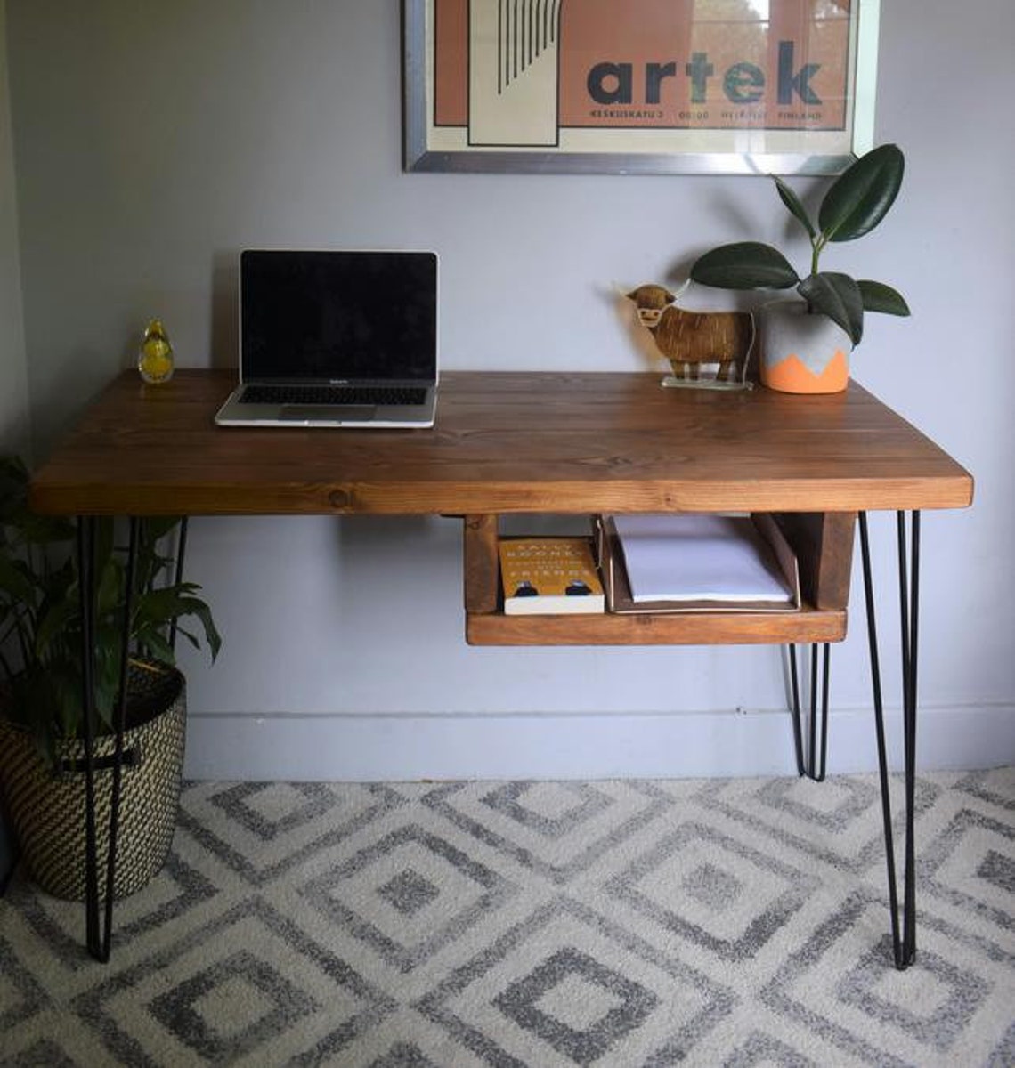 Industrial wooden hairpin leg desk with under storage hairpin Etsy