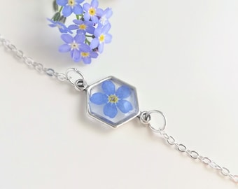 Forget-Me-Not, Real Flower Bracelet, 925 Silver Resin Bracelet Jewelry Sister BFF Wedding Bridesmaid Mom Oma, Valentine's Day