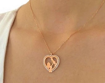 Mutter und Baby Anhänger .14k gold echte Mama Halskette. Mama Herz Halskette. Mama Baby Halskette .Valentinstag