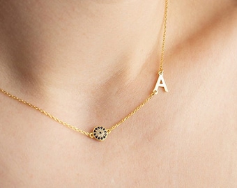 Sideways Initial Necklace with Evil Eye, 925 Sterling Silver, Gold Custom Spaced Letter Jewelry, Personalized Wedding,Valentine's Day