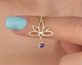 Lotus Flower Birthstone Birth Month 925 Sterling Silver Necklace, Layering Yoga Minimalist Jewelry, BirthdayWedding Mother Day