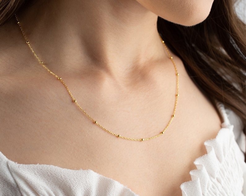 Goldkugel-Halskette, 925er-Sterlingsilber-Schichtkette, zierliche minimalistische Satellitenkette mit Perlen, Halsband für Braut, Hochzeit, Muttertag Bild 3