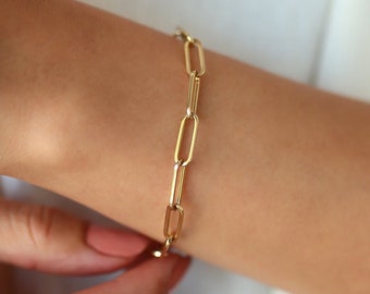 Paper Clip Bracelet, 925 Sterling Silver, Rectangular Staple Paperclip Gold Simple Chain Link BFF Sister Mother Birthday,Valentine's Day