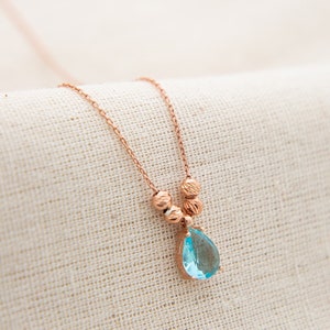 Aquamarine Necklace, 925 Sterling Silver Women, Gemstone Wedding Bridesmaid Bridal BFF Sister, Blue Aquamarine pendant Mother s Day. Rose gold