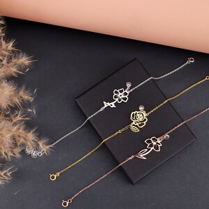 Birth Month Flower Bracelet, 925 Solid Silver,