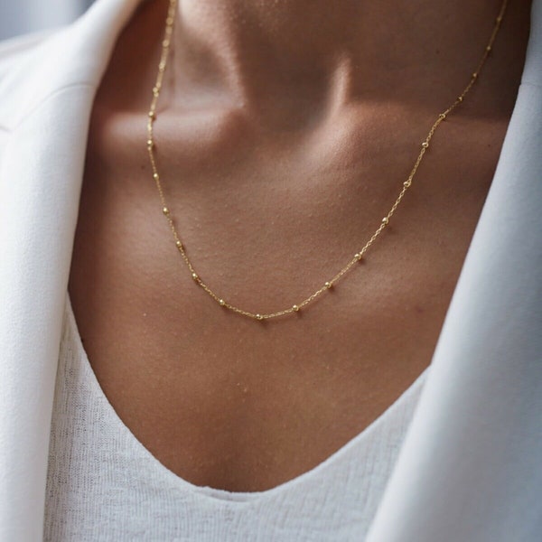 Goldkugel-Halskette, 925er-Sterlingsilber-Schichtkette, zierliche minimalistische Satellitenkette mit Perlen, Halsband für Braut, Hochzeit, Muttertag