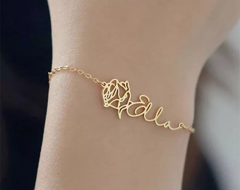 Geburt Monat Blumen Name Armband, 925 Massiv Silber Schmuck Individuell Personalisierte Hochzeit Brautjungfer Mama Oma Mutter Geburtstag, Weihnachtsgeschenk