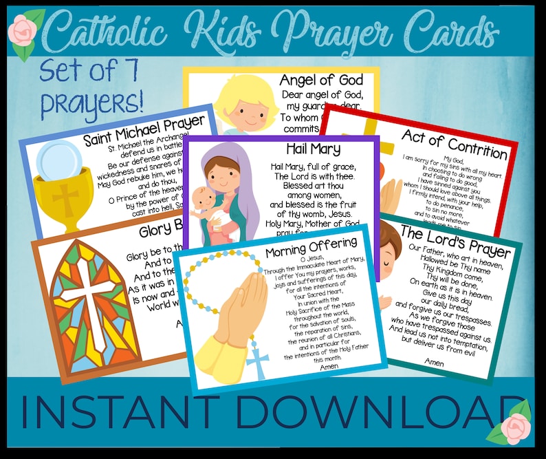 Catholic kids prayer cards printable common catholic prayers set