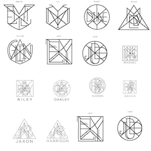 Peut inclure: Une collection de logos en lignes géométriques noir et blanc présentant des noms tels qu'Emelie, Ivy, Sidney, Milow, Gillian, Lexy, Jude, Mickael, Riley, Oakley, Hudson, Rachid, Jaxon et Harrison, inscrits dans des cercles, carrés et triangles.