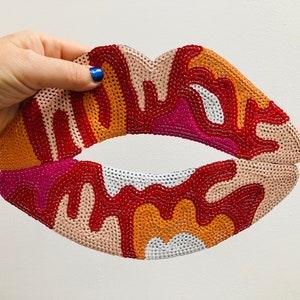 Large Sequin Lips Patch. 70s retro glamour. Iron on or sew on large appliqué kiss. Large transfer. DIY clothing.