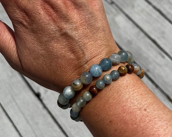 Hermosa pulsera de calcita lemuriana y ónix azul argentino, cuentas de 9 mm o 7,5 mm