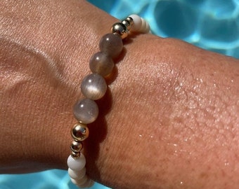 Hot Cocoa and Marshmallow: Ultra High Grade Crystal Bracelet (Sunstone w/Hematite, Mother of Pearl, 14k gold filled beads)