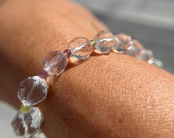 High Quality Faceted Clear Quartz Bracelet With Rainbow Tourmaline Spacers, 13mm, 10.5mm or 8mm beads