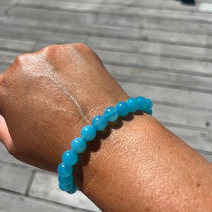 Ultra High Quality Turquoise Blue Chalcedony Bracelet 8mm for Calm, Communication, Protection and Compassion